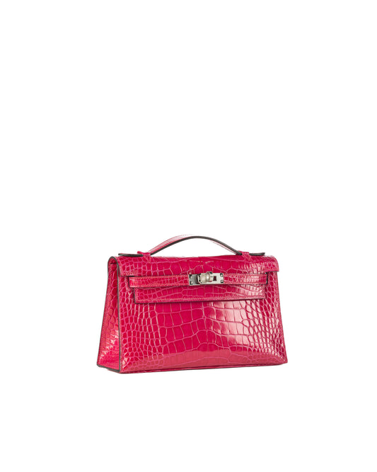 Kelly Pochette Rose Mexico Shiny Alligator with Palladium Hardware