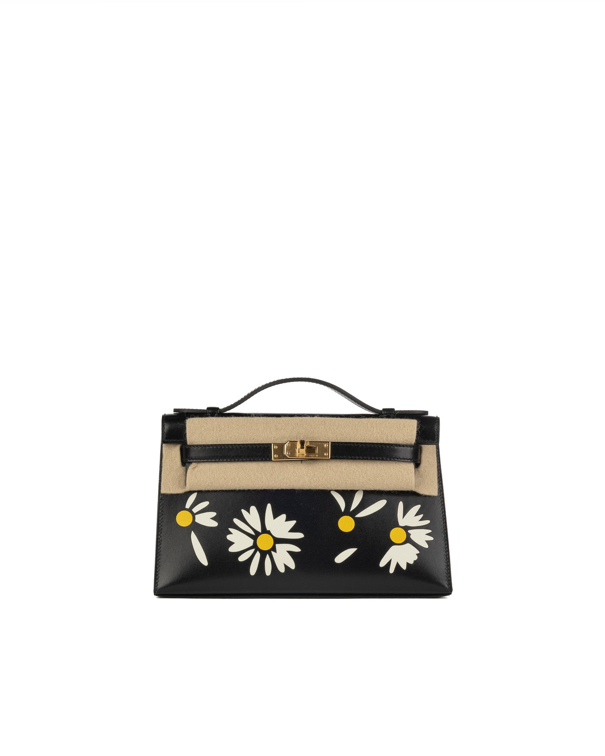 Hermès Kelly Pochette Daisy in Black Box Leather with White & Jaune Chèvre Inlay and Gold Hardware