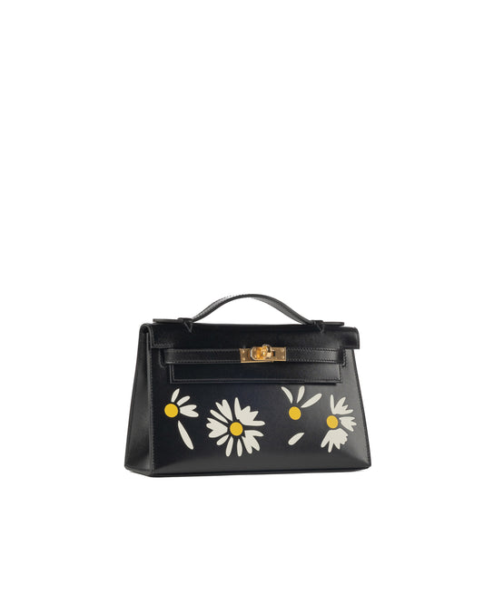 Hermès Kelly Pochette Daisy in Black Box Leather with White & Jaune Chèvre Inlay and Gold Hardware