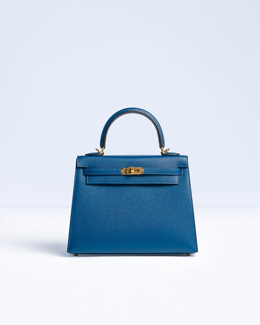 Kelly 25 Sellier Deep Bleu Veau Madame with Gold Hardware