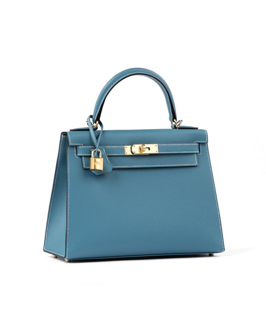 Kelly 28 Sellier Blue Jean in Epsom Leather with Gold Hardware