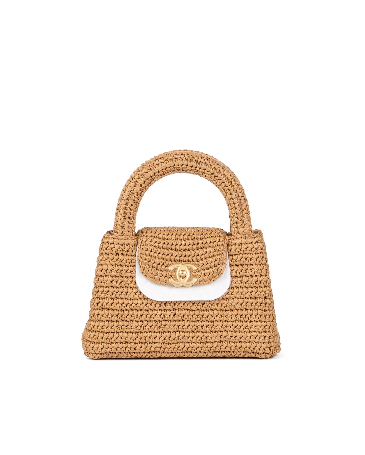 Chanel Mini Shopping Bag Dark Beige Braided Rafia Gold Tone Metal