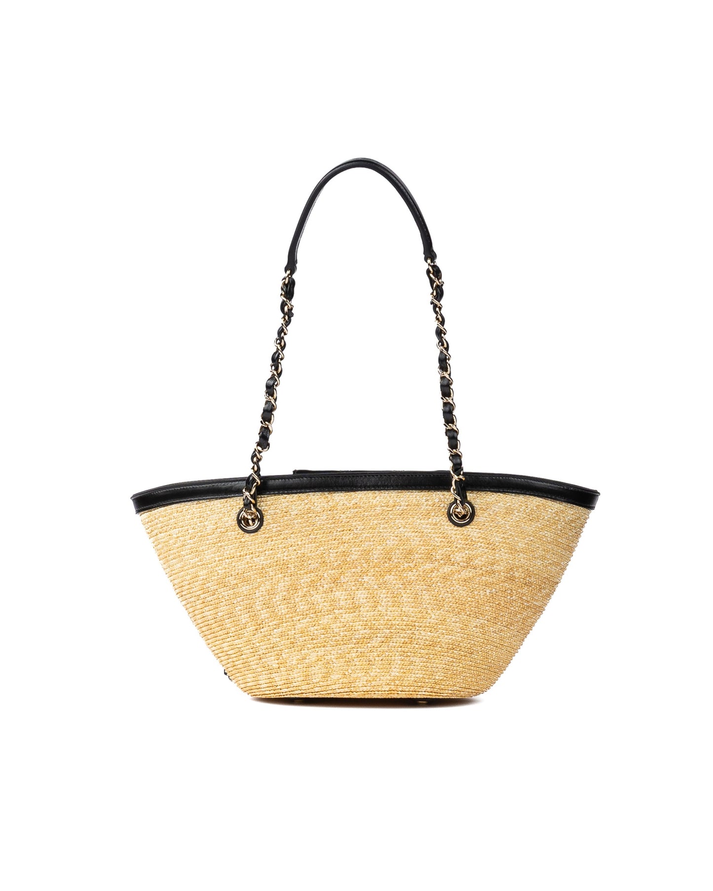 Chanel Small Shopping Tote in Braided Straw with Black Lambskin and Gold-Tone Metal