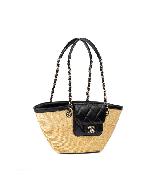 Chanel Small Shopping Tote in Braided Straw with Black Lambskin and Gold-Tone Metal