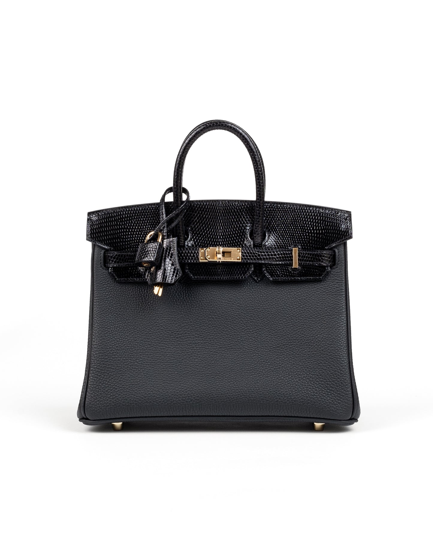 Birkin 25 Black in Togo Leather and Lizard Touch with Gold Hardware