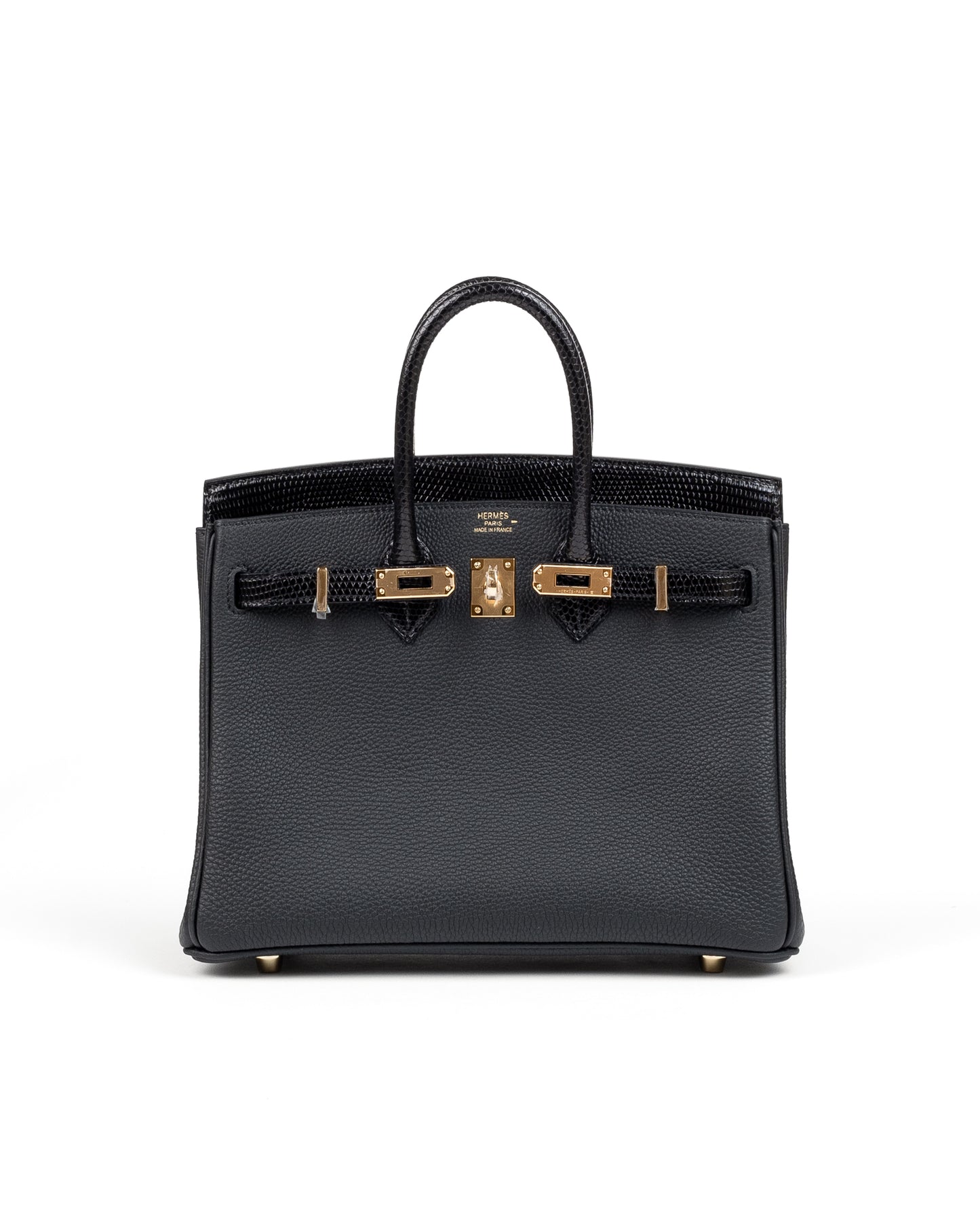 Birkin 25 Black in Togo Leather and Lizard Touch with Gold Hardware