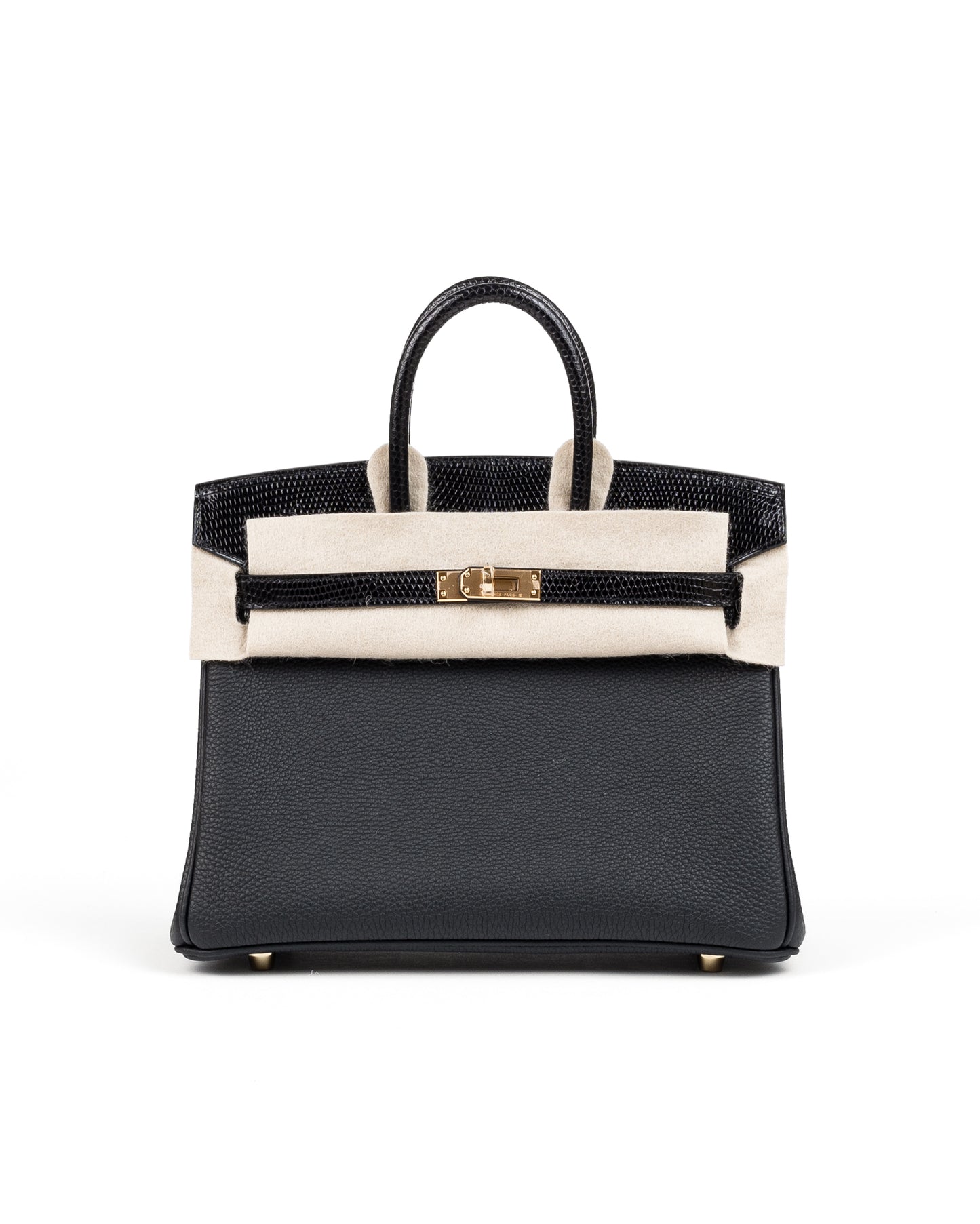 Birkin 25 Black in Togo Leather and Lizard Touch with Gold Hardware