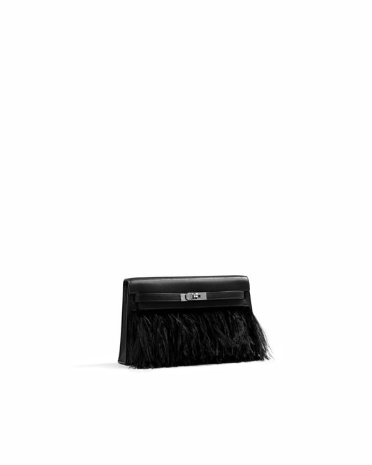Kelly Elan Foile in Chevre Chamkila Leather and Ostrich Feather with Palladium Hardware