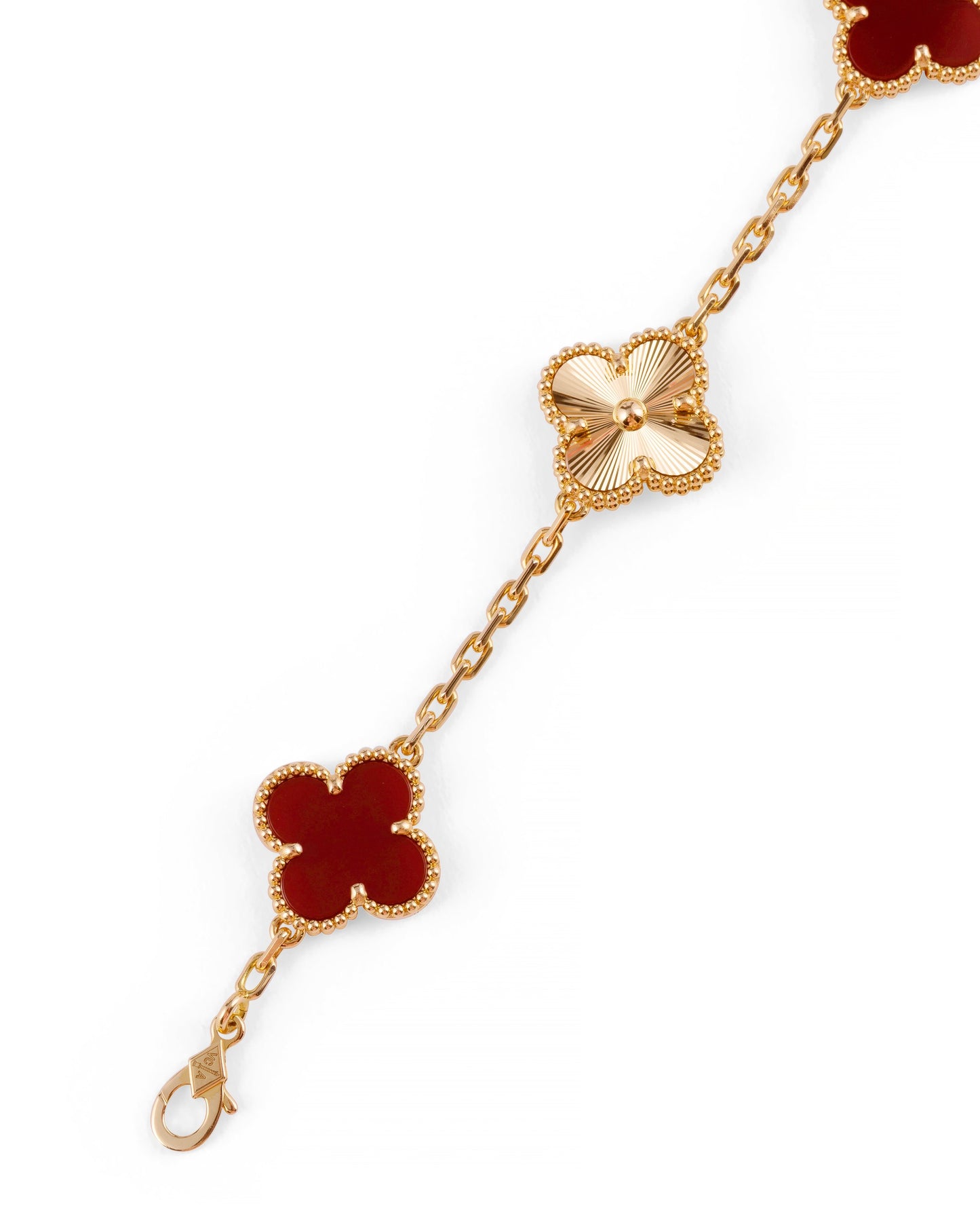 Van Cleef & Arpels 18k Rose Gold Carnelian 5 Motifs Guilloche Vintage Alhambra Bracelet