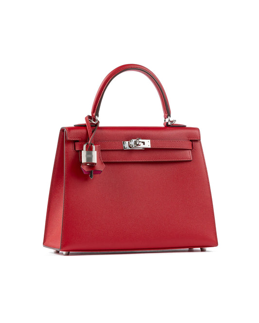 Kelly 25 Sellier in Rouge Piment/Rose Shocking Madame Veau Leather with Palladium Hardware