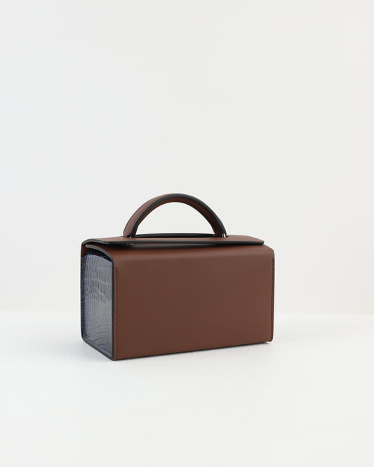 Petit H Boxbag in Hunter Cowhide & Bleu Saphir Shiny Alligator with Brass Hardware