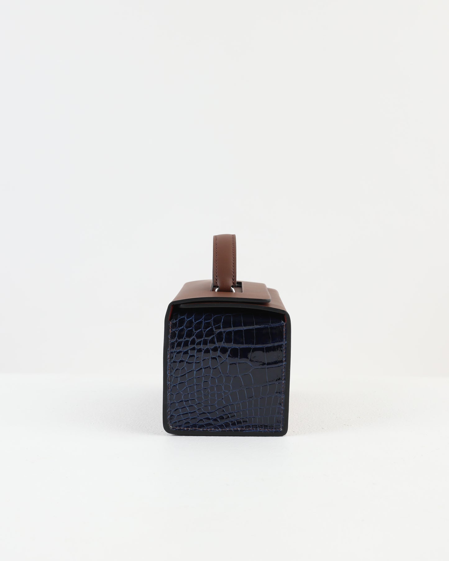 Petit H Boxbag in Hunter Cowhide & Bleu Saphir Shiny Alligator with Brass Hardware
