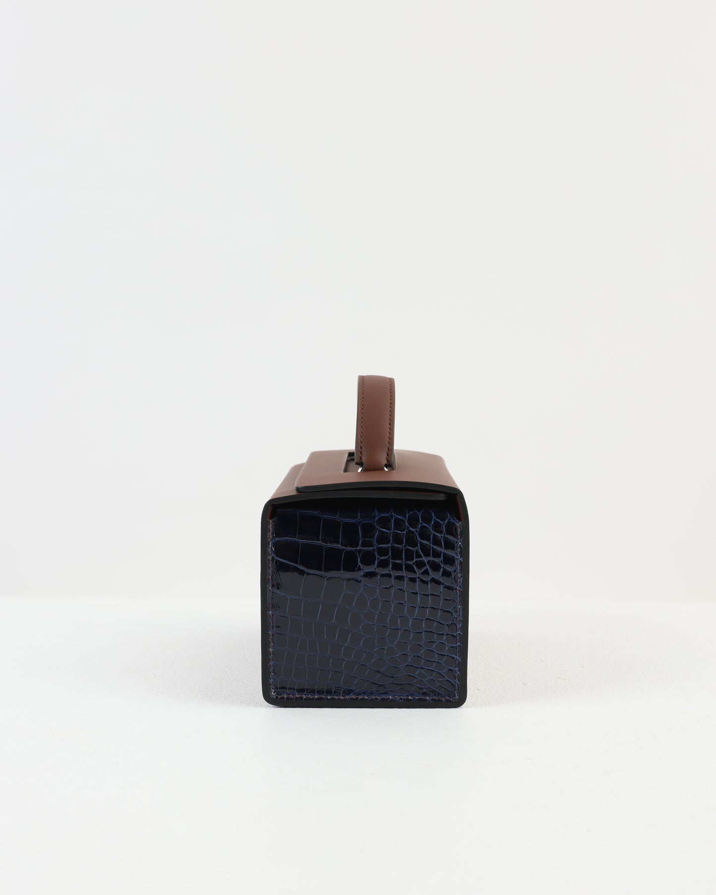 Petit H Boxbag in Hunter Cowhide & Bleu Saphir Shiny Alligator with Brass Hardware