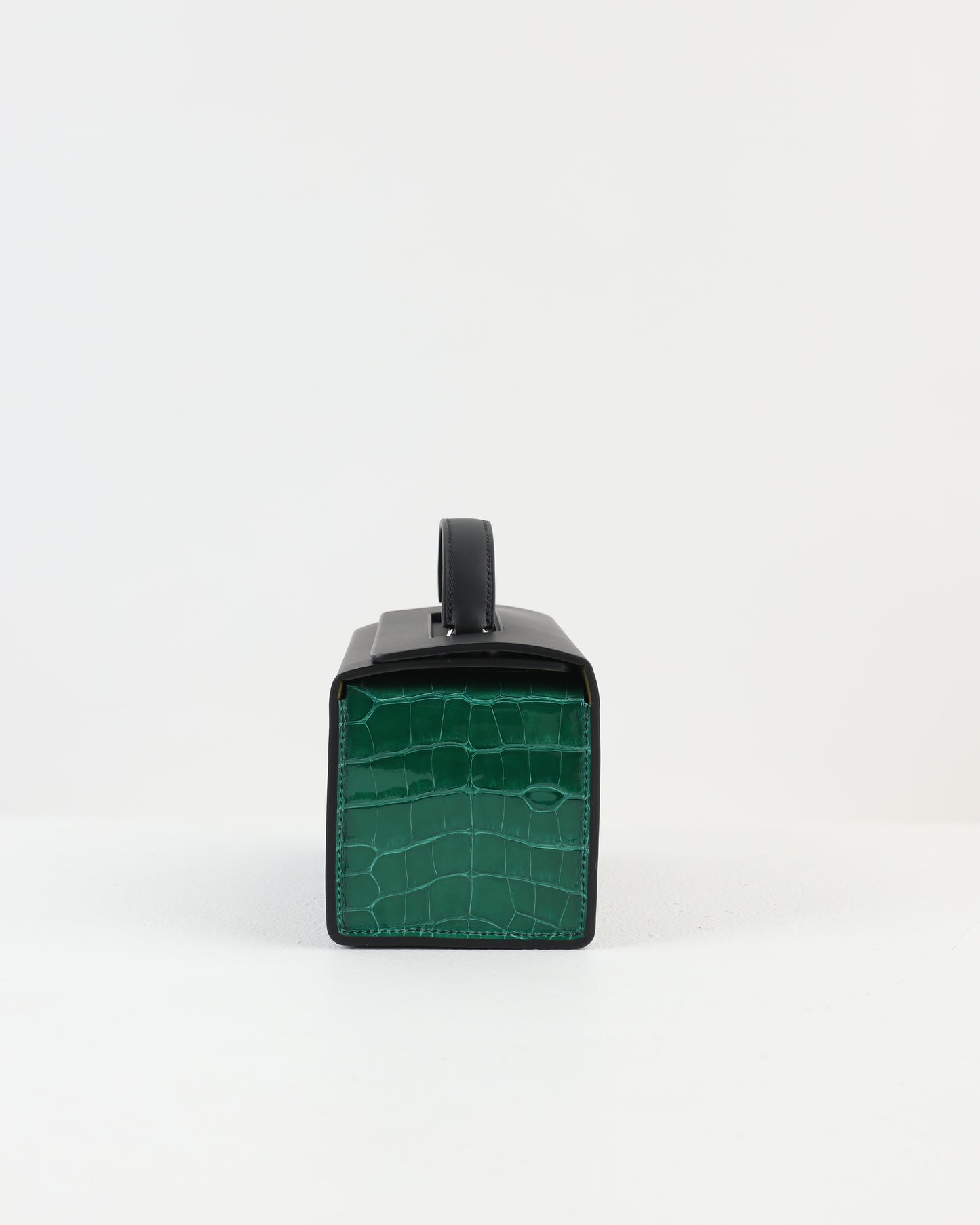 Petit H Boxbag in Hunter Cowhide & Emerald Green Shiny Alligator with Brass Hardware