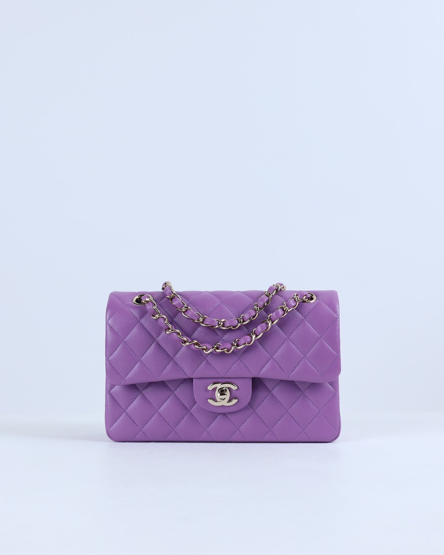 Chanel Purple Quilted Caviar Small Classic Double Flap with Champagne Hardware