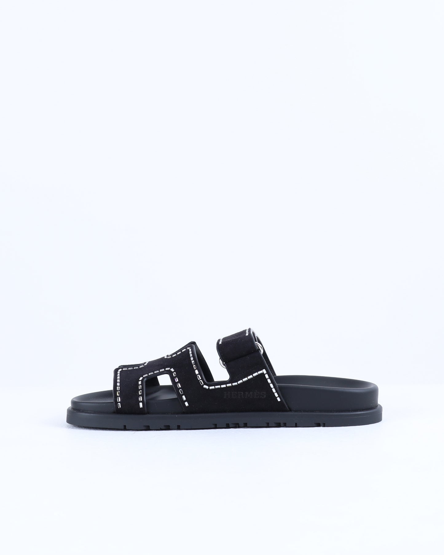 Chypre Sandals in Black Suede with Crystals