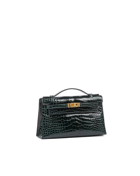 Kelly Pochette Vert Cypress in Shiny Alligator with Gold Hardware