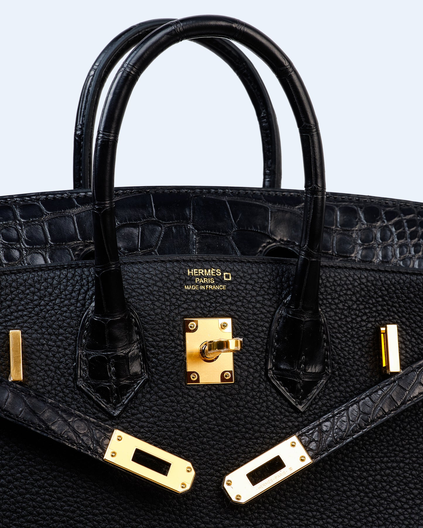 Birkin 25 Black in Togo Leather and Matte Alligator Touch with Gold Hardware