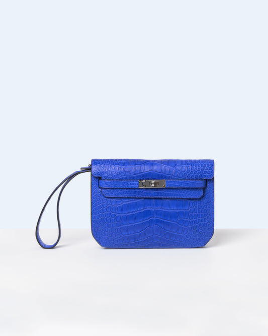 Kelly Depeches 25 Bleu Royal in Matte Alligator with Palladium Hardware