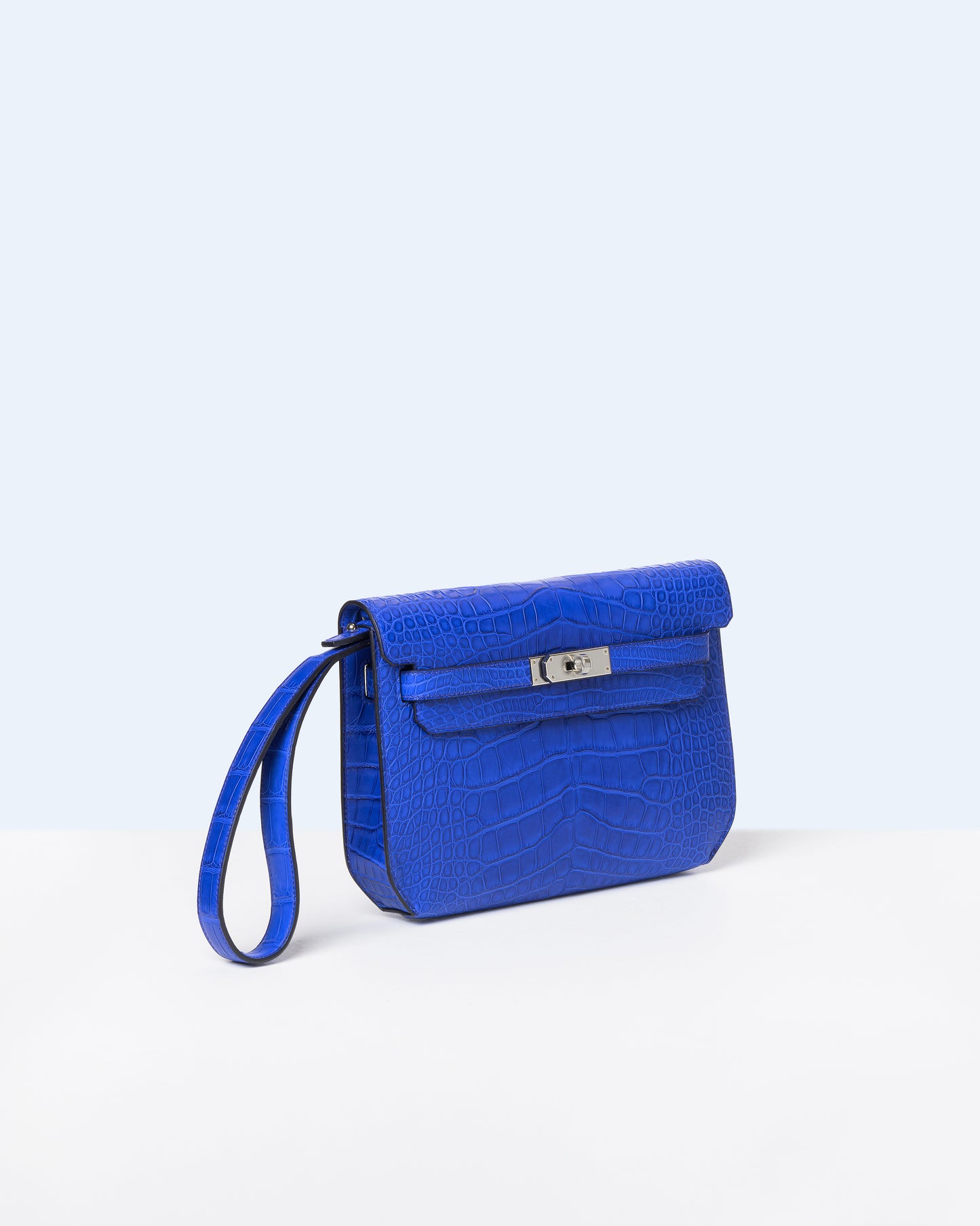 Kelly Depeches 25 Bleu Royal in Matte Alligator with Palladium Hardware