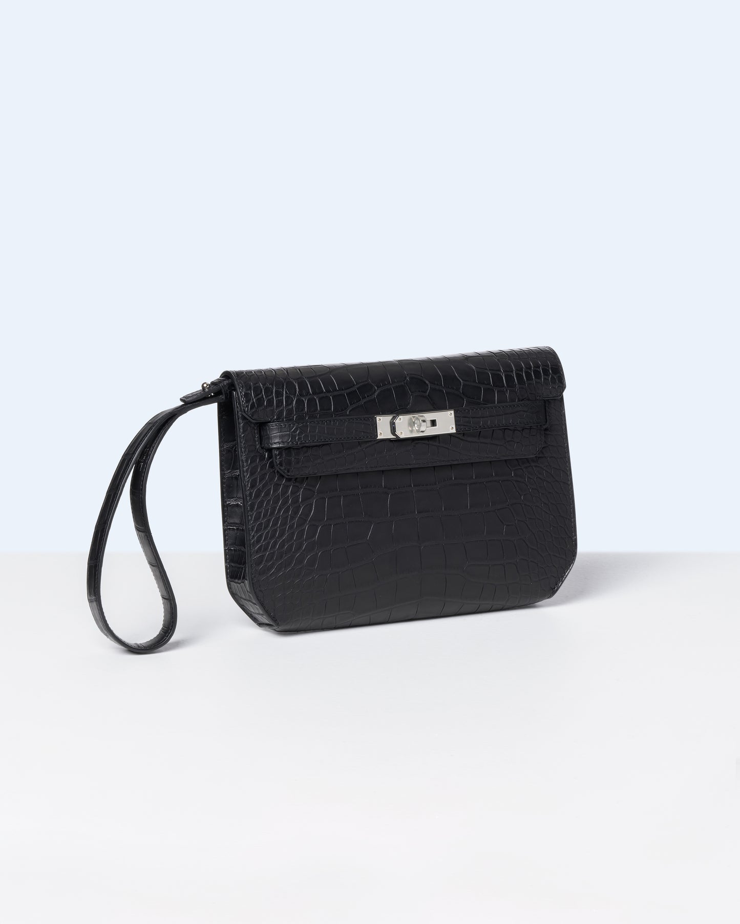 Kelly Depeches 25 Black in Matte Alligator with Palladium Hardware