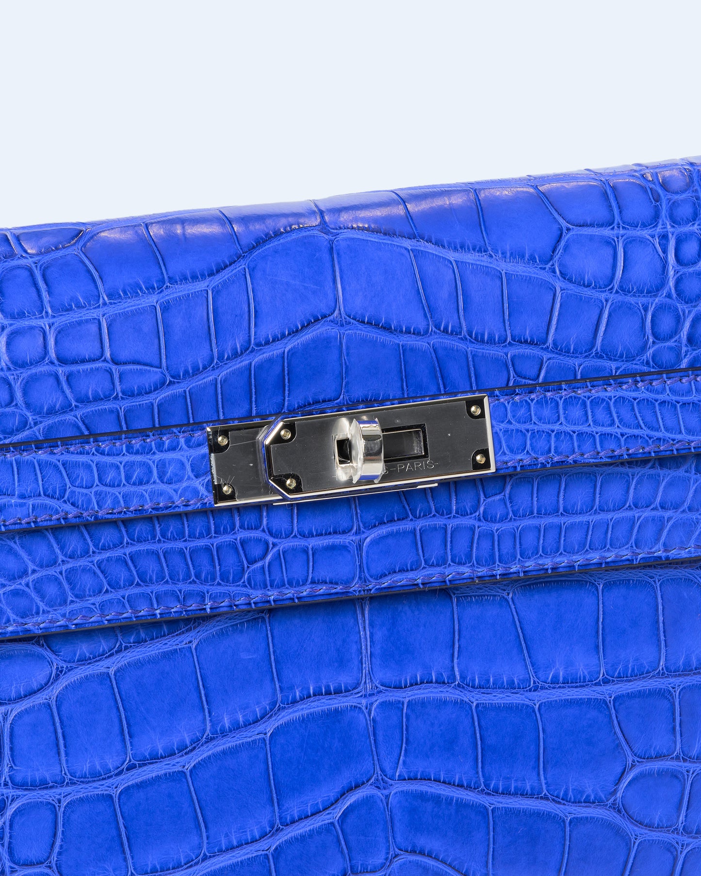 Kelly Depeches 25 Bleu Royal in Matte Alligator with Palladium Hardware