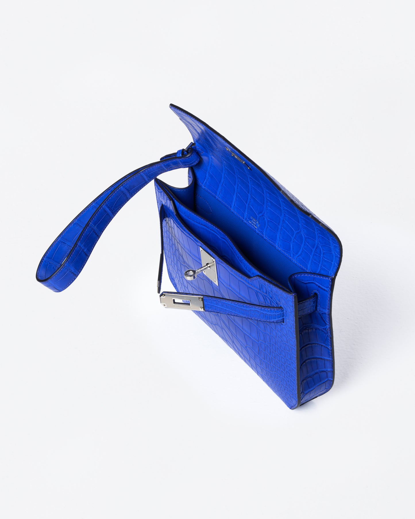 Kelly Depeches 25 Bleu Royal in Matte Alligator with Palladium Hardware