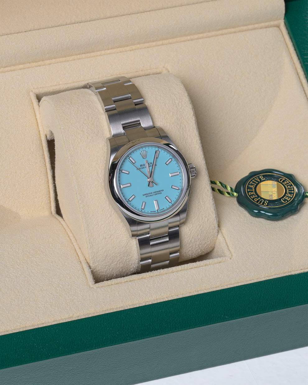Rolex Oyster Perpetual 31mm Turquoise Tiffany in Blue Dial