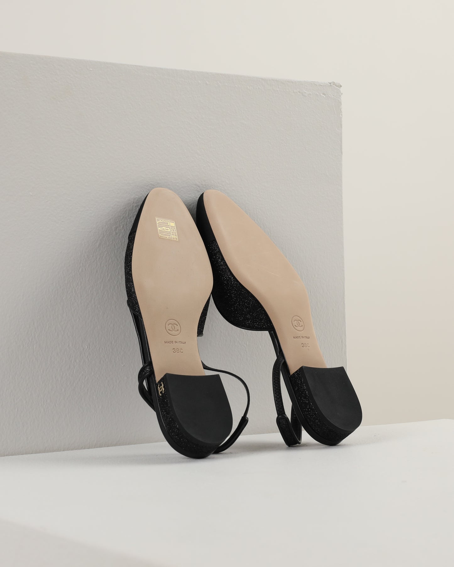 Chanel Slingback Shoes in Black Glitter & Grosgrain