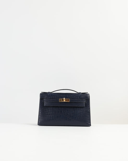 Kelly Pochette Bleu Nuit Alligator Mississippiensis with Gold Hardware