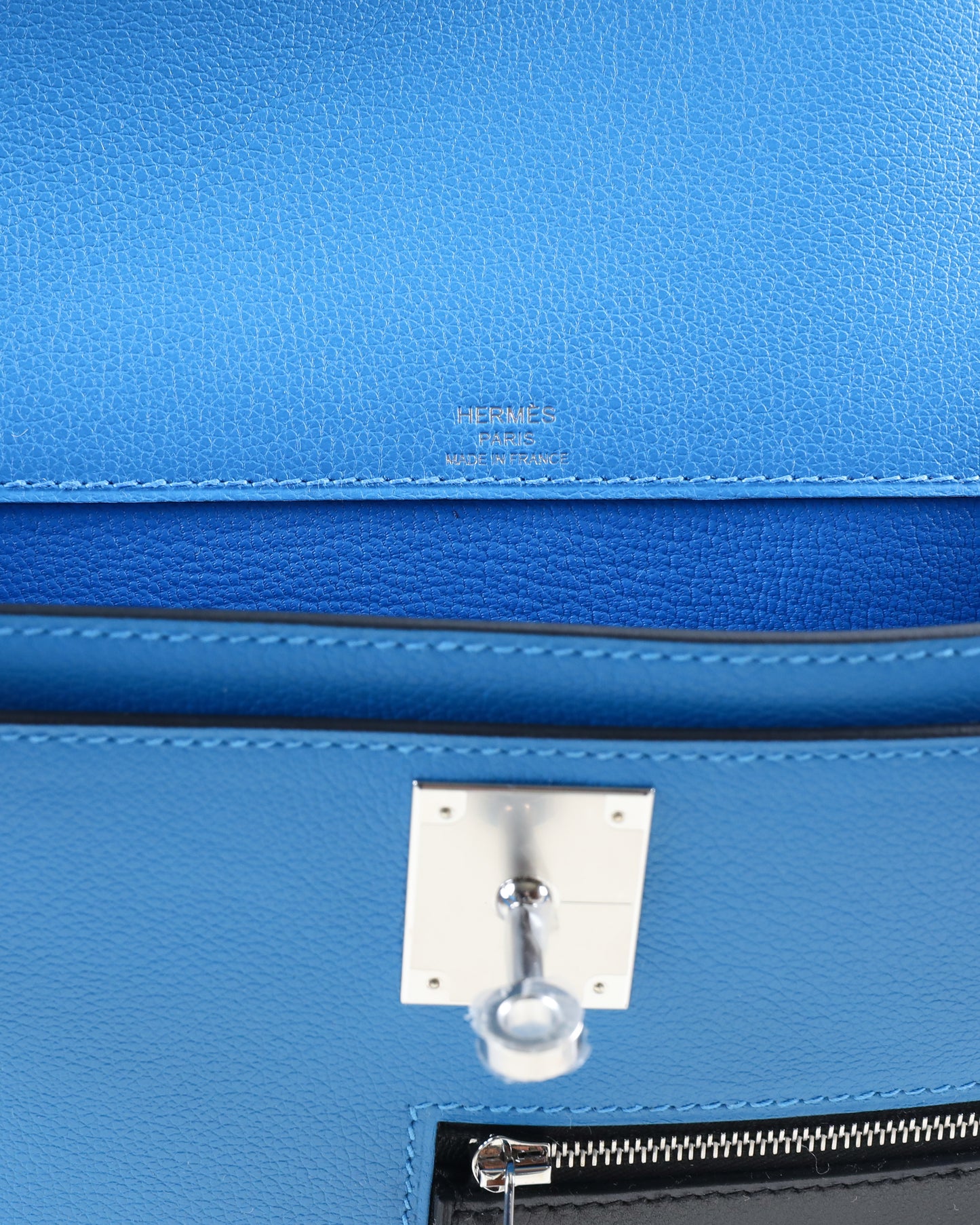 Kelly Depeches 25 Colormatic Bleu Hydra/Noir/Fauve Evercolor, Evergrain, & Barenia Calskin with Palladium Hardware