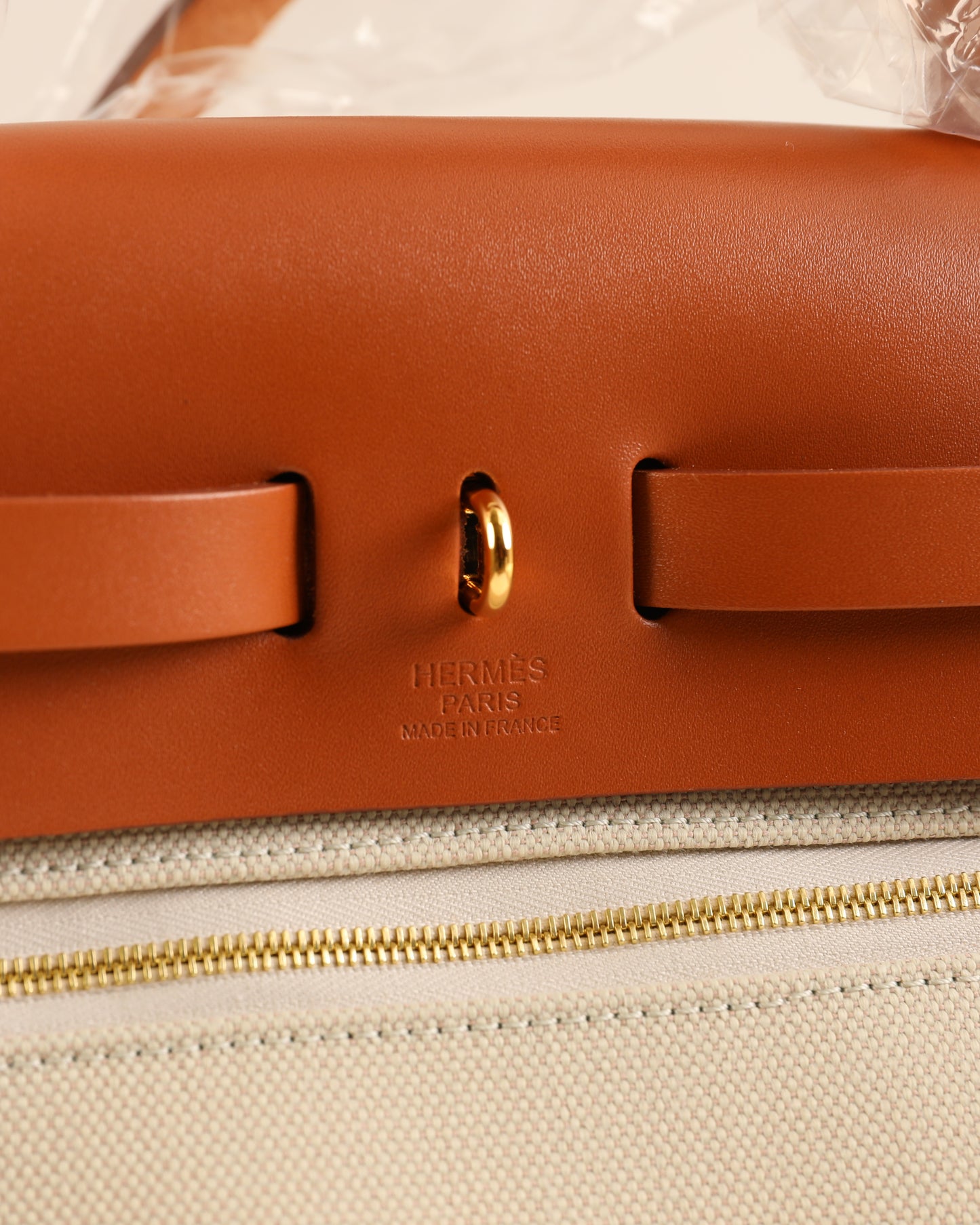 Herbag Zip 31 in Tan Vache Hunter and Beton Toile with Gold Hardware