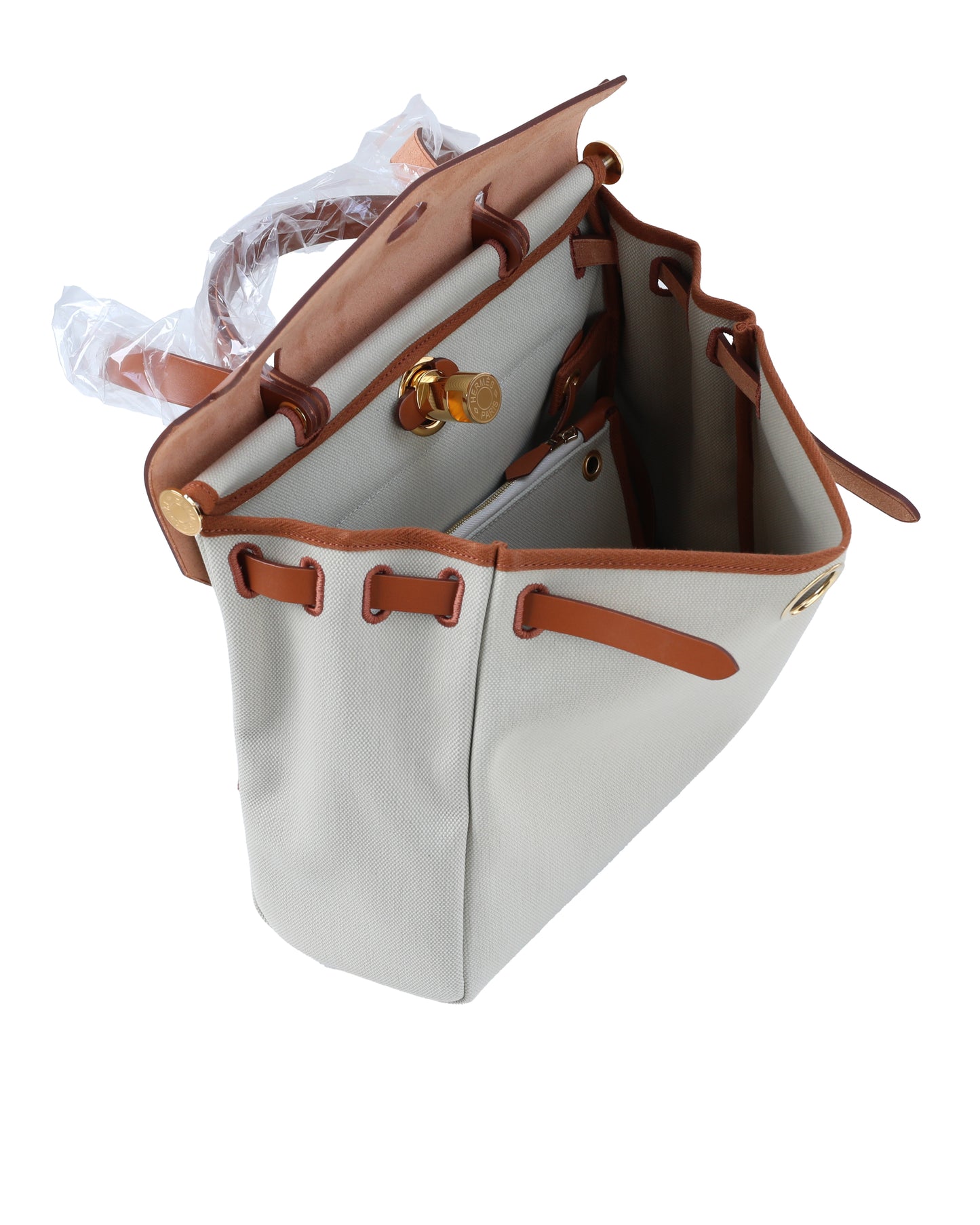 Herbag Zip 31 in Tan Vache Hunter and Beton Toile with Gold Hardware