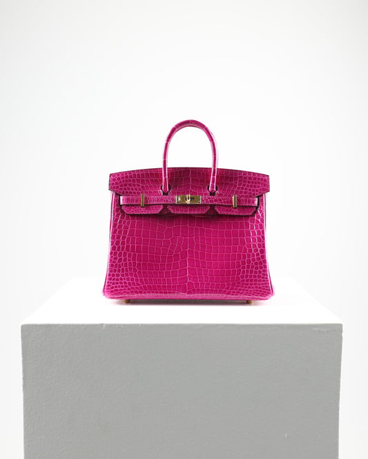 Birkin 25 Rose Scheherazade Porosus Crocodile with Gold Hardware