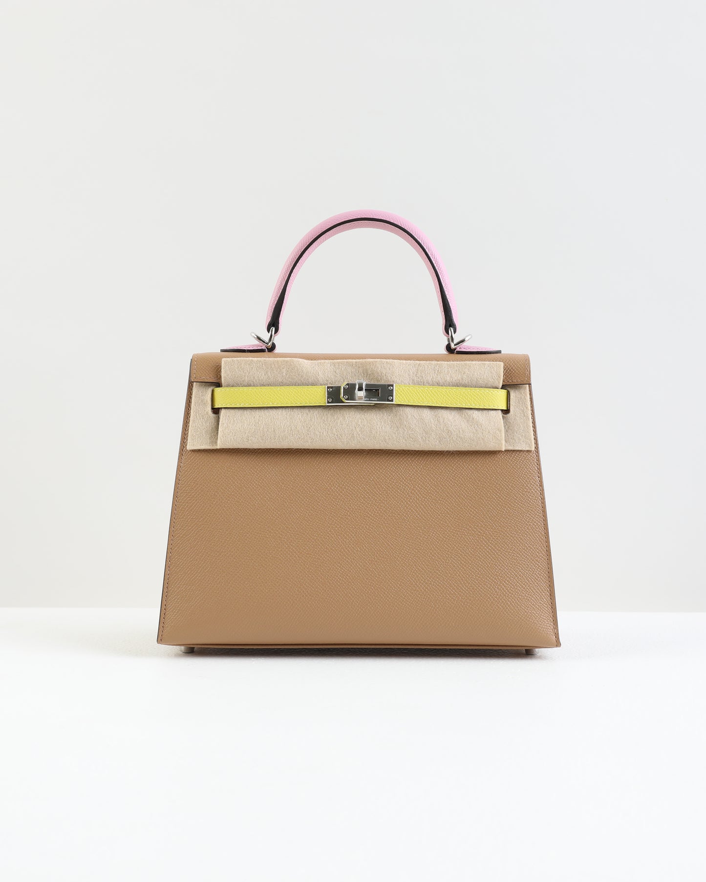 Kelly 25 Tri color in Lime, Chai, and Mauve Sylvestre in Epsom Leather with Palladium Hardware