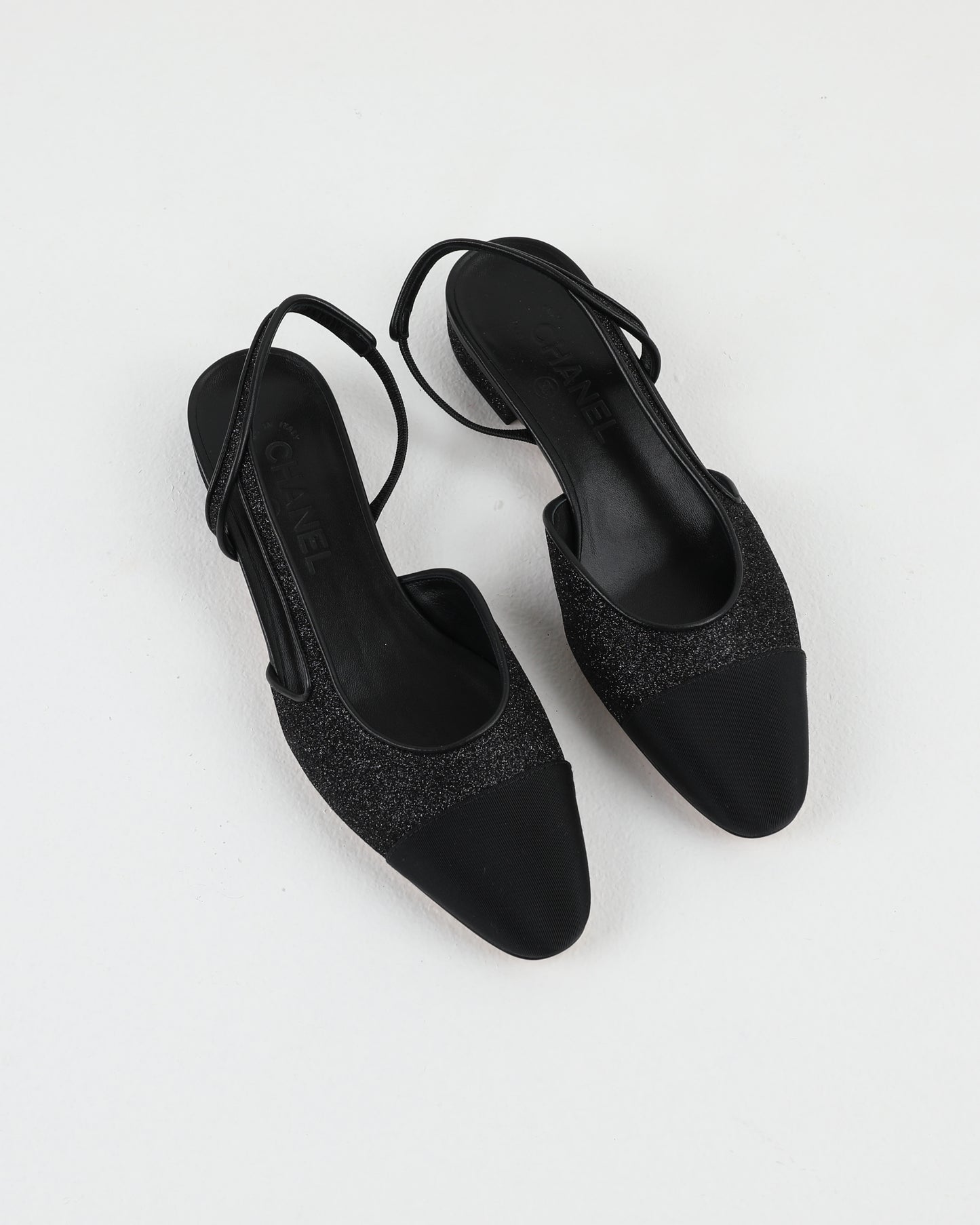 Chanel Slingback Shoes in Black Glitter & Grosgrain