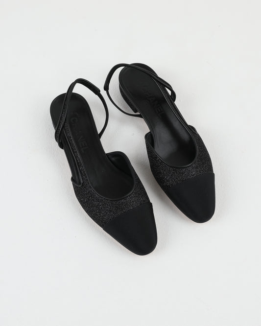 Chanel Slingback Shoes in Black Glitter & Grosgrain