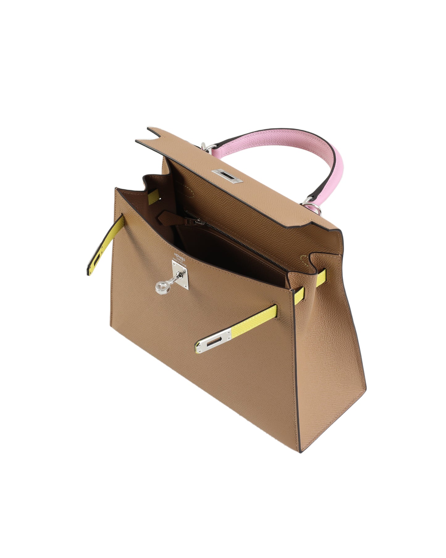 Kelly 25 Tri color in Lime, Chai, and Mauve Sylvestre in Epsom Leather with Palladium Hardware