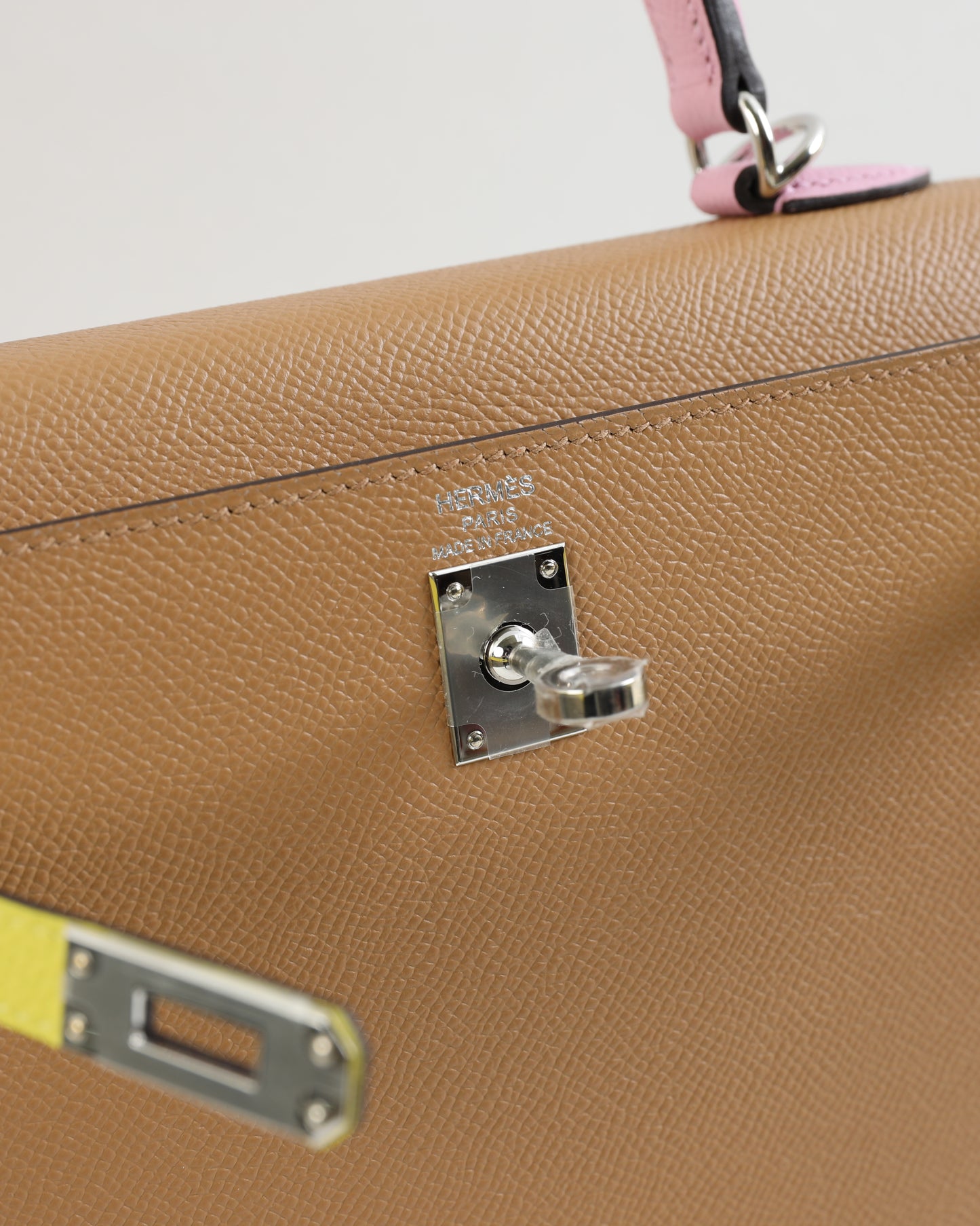 Kelly 25 Tri color in Lime, Chai, and Mauve Sylvestre in Epsom Leather with Palladium Hardware