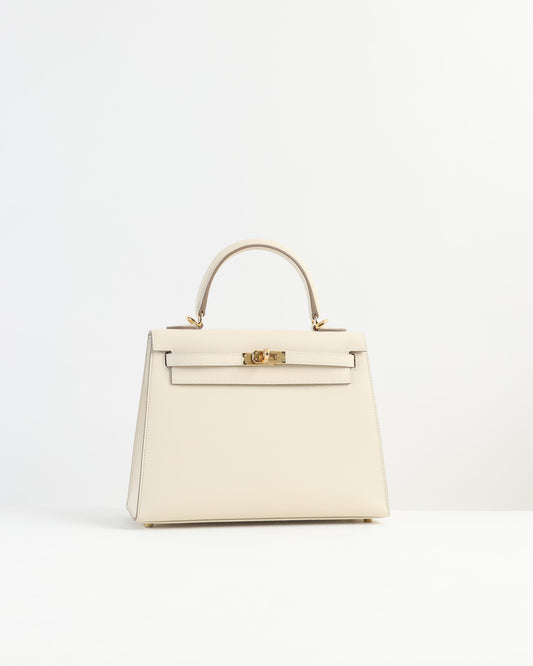 Kelly 25 Sellier Craie in Epsom Leather with Gold Hardware