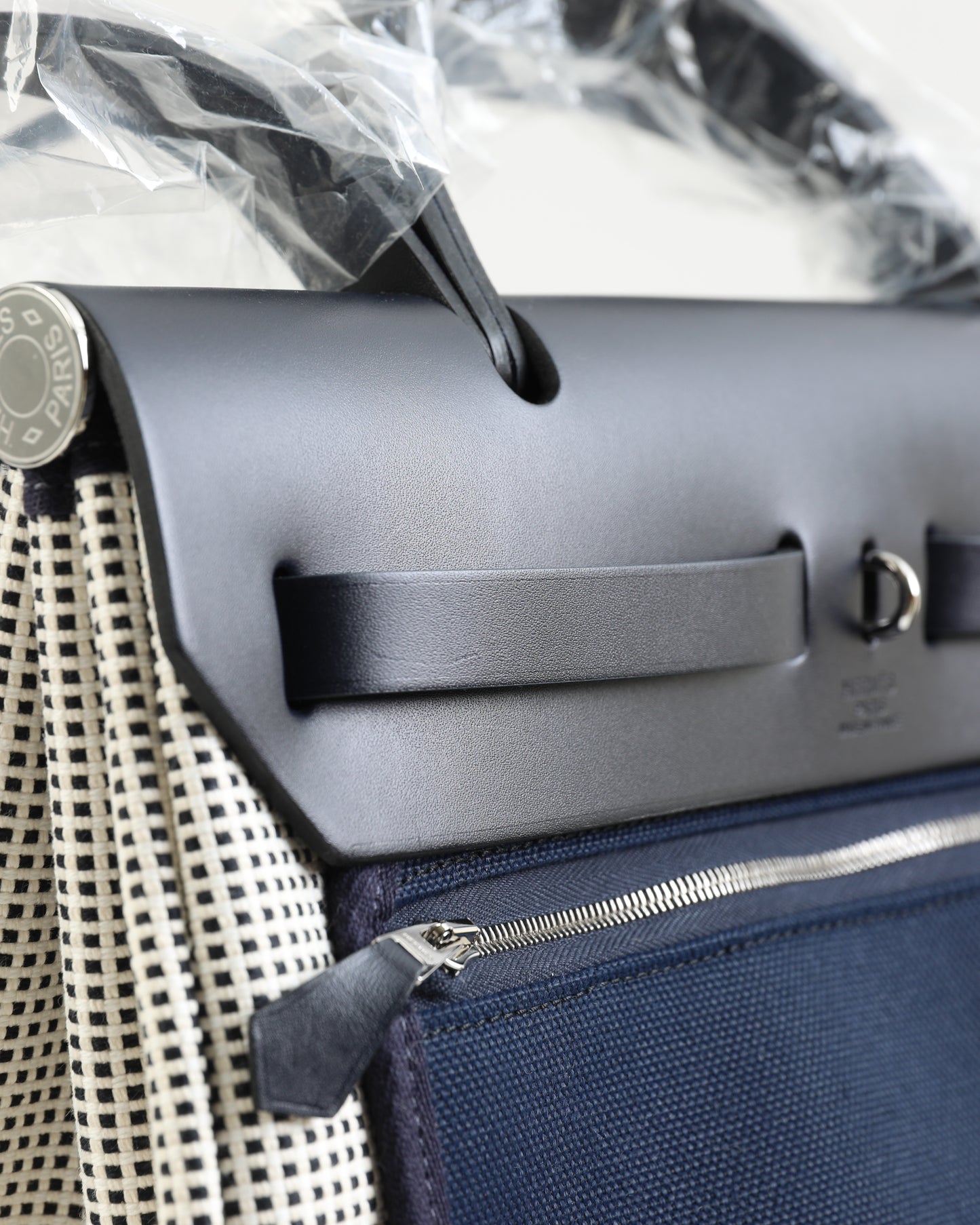 Herbag 31 Bag Retourne Ecru Blanc Noir/Bleu Indigo Toile Quadrille Viking Laiton with Palladium Hardware