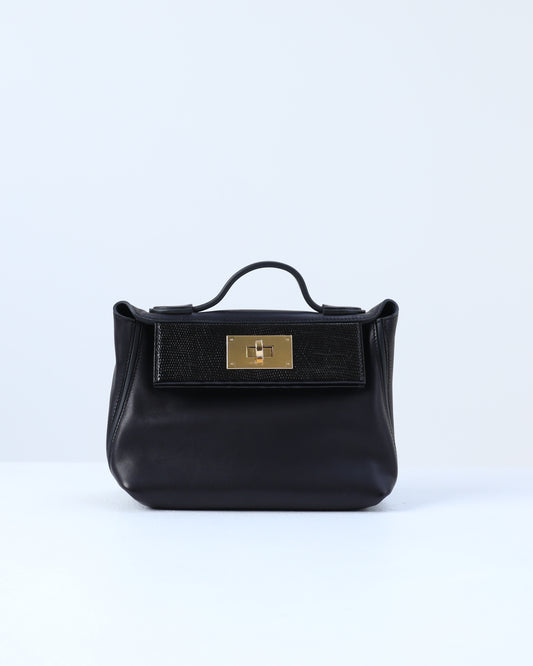 Hermès 24/24 21 Black in Swift Leather with Lizard Touch with Gold Hardware
