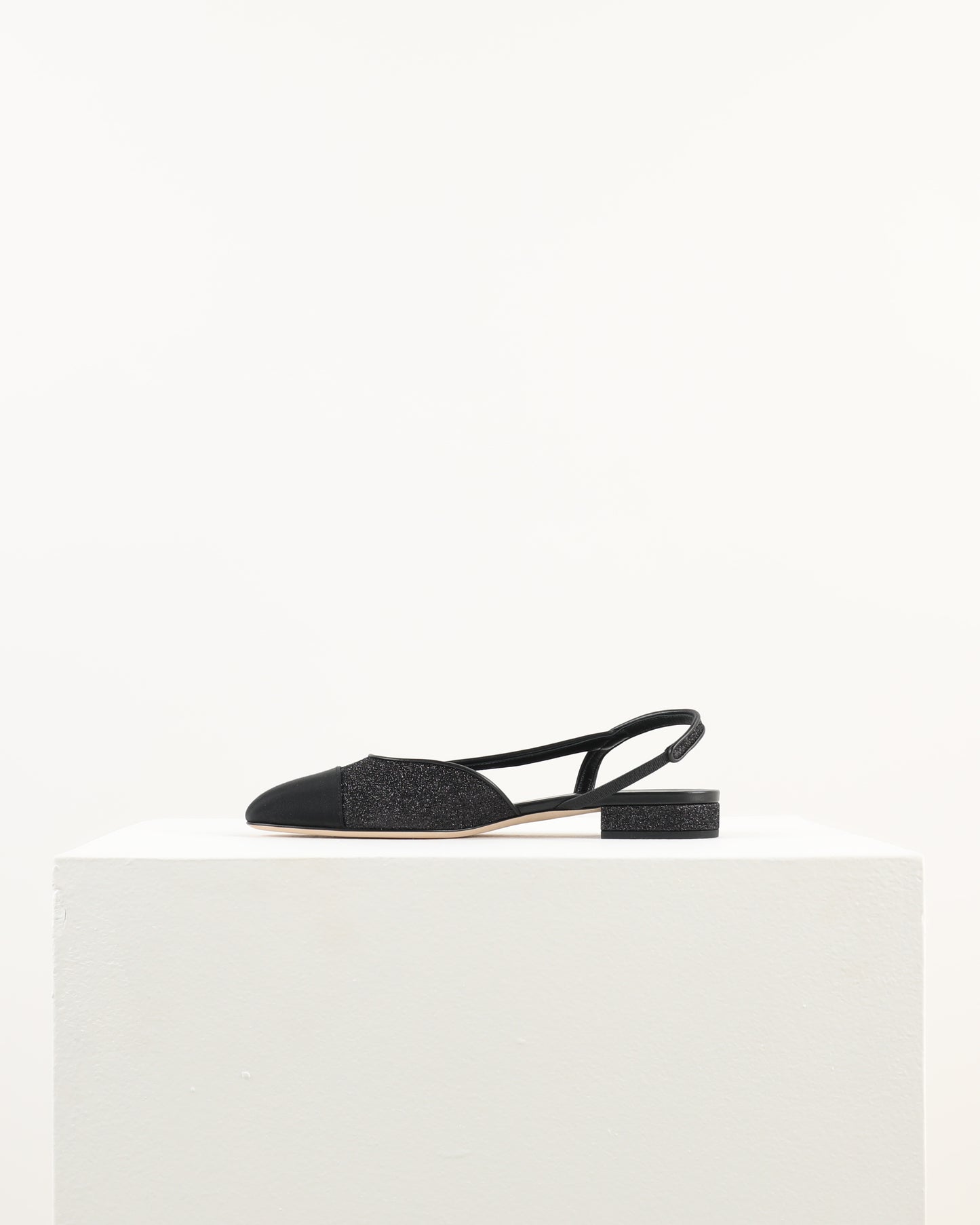 Chanel Slingback Shoes in Black Glitter & Grosgrain