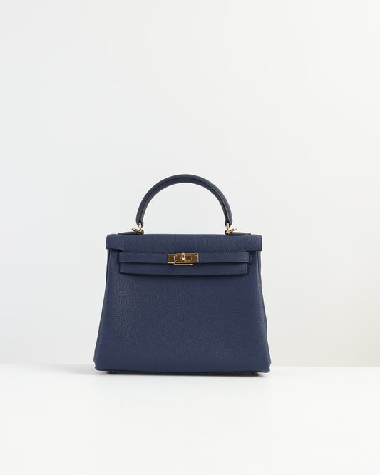 Kelly 25 Bleu Nuit in Togo Leather with Gold Hardware