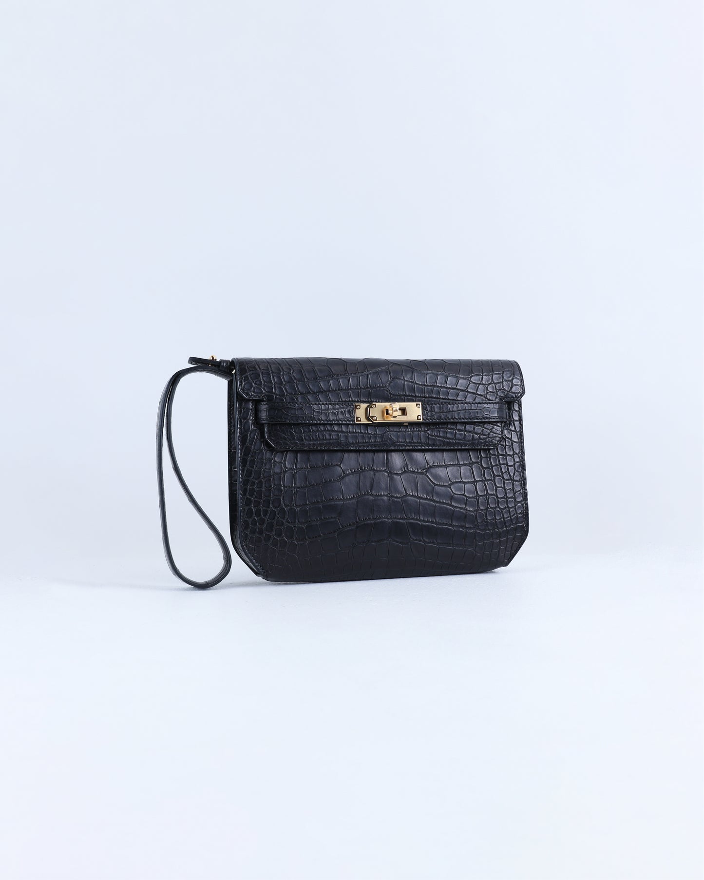 Kelly Depeches 25 Black Matte Alligator with Gold Hardware