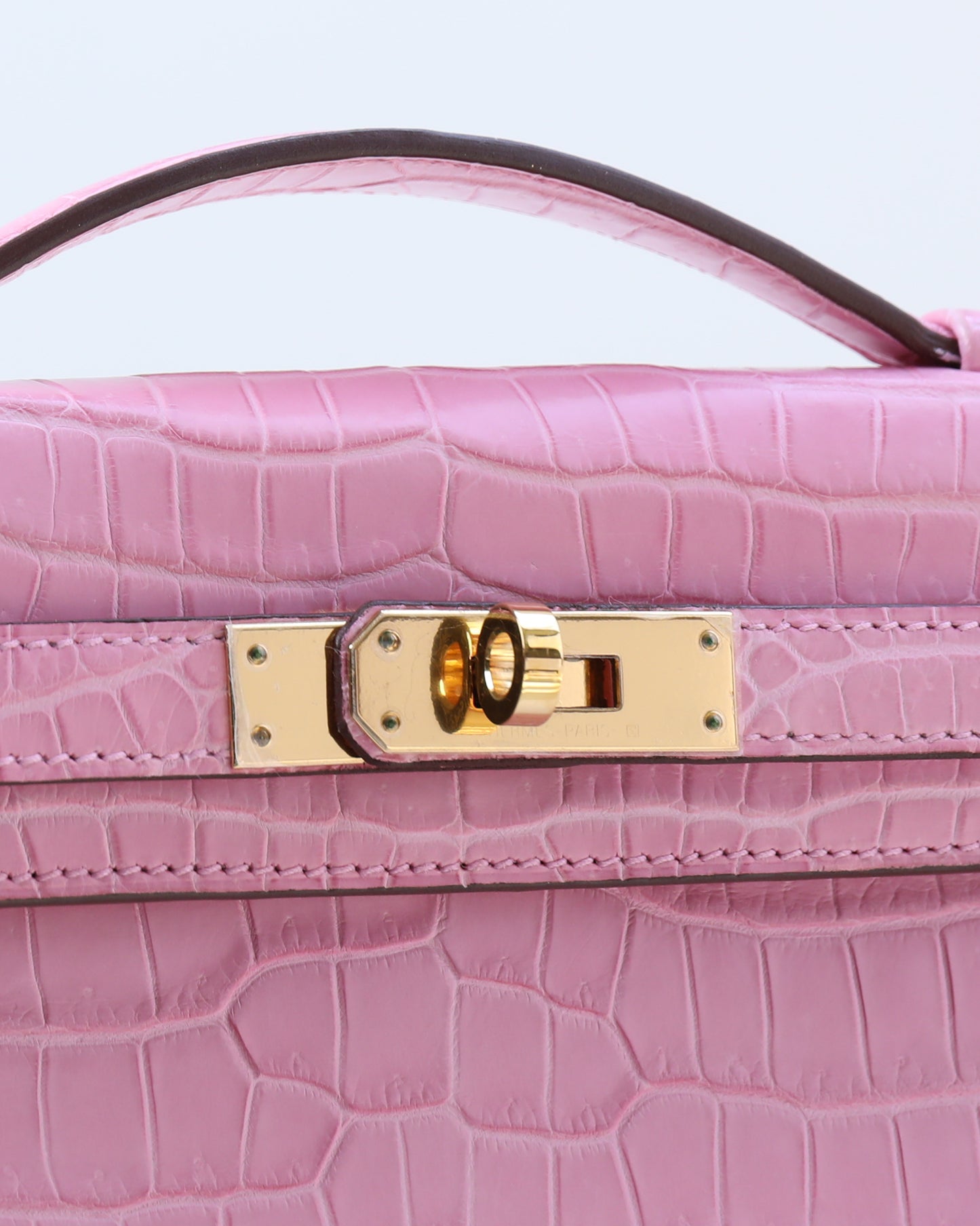 Kelly Cut Bubblegum Pink in Porosus Crocodile with Gold Hardware