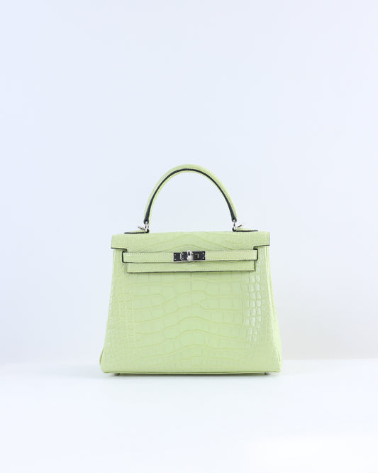 Kelly 25 Jaune Bourgeon Matte Alligator with Palladium Hardware