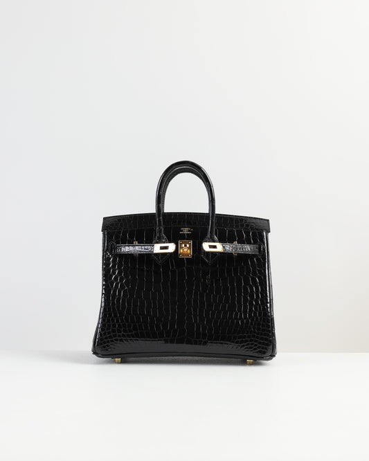 Birkin 25 in Black Shiny Porosus Crocodile with Gold Hardware