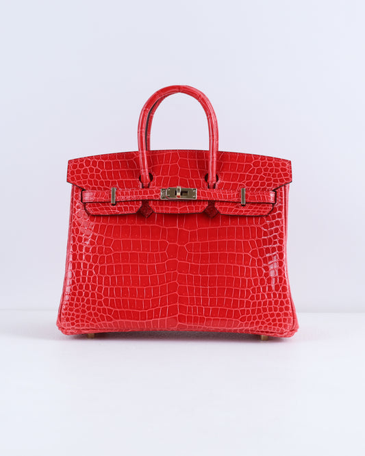 Birkin 25 Rouge De Coeur in Porosus Crocodile Leather with Gold Hardware