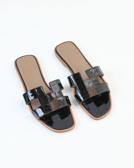 Oran Sandal in Black Crocodile Leather